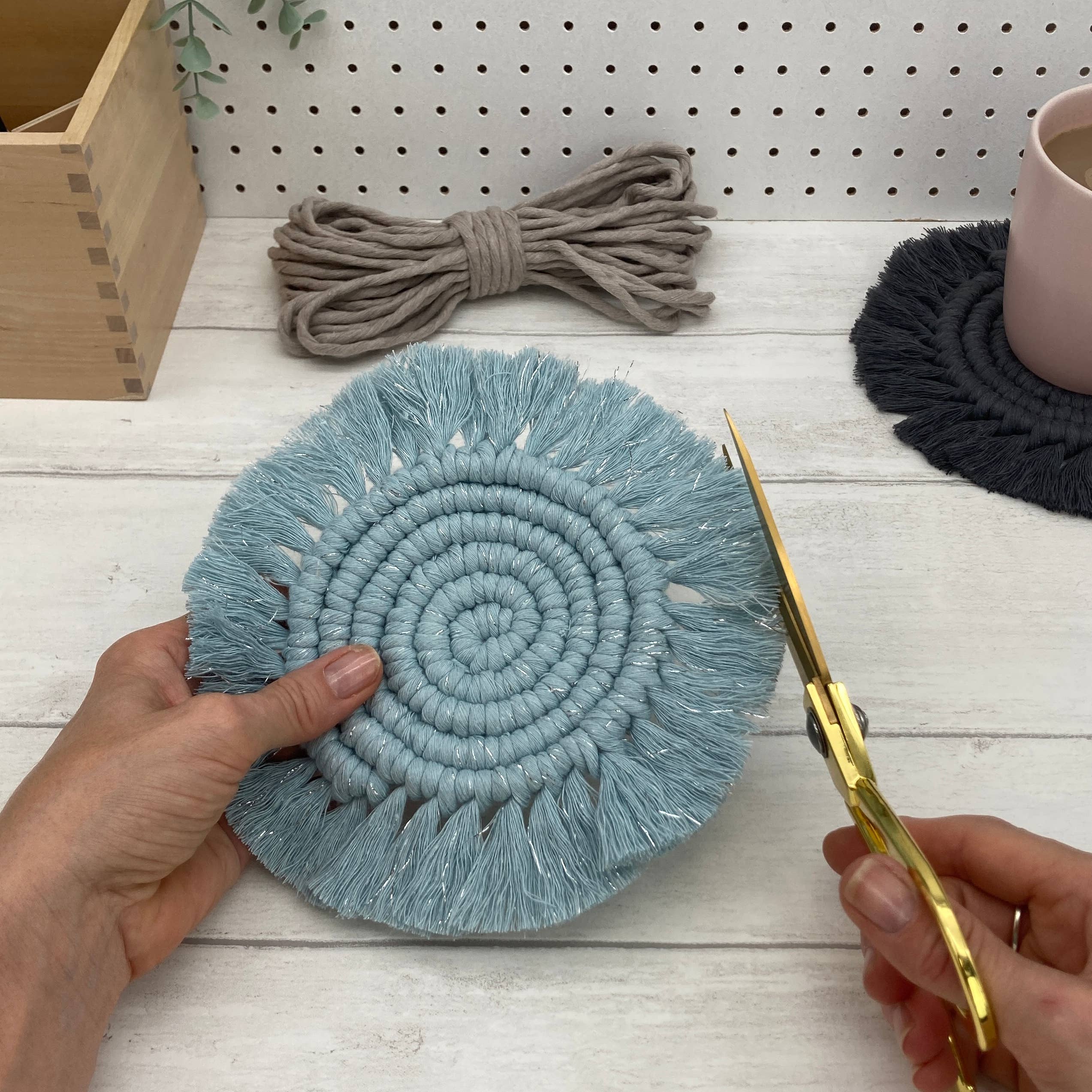 Macrame Coaster Kit in Mist Blue, Pearl and Charcoal