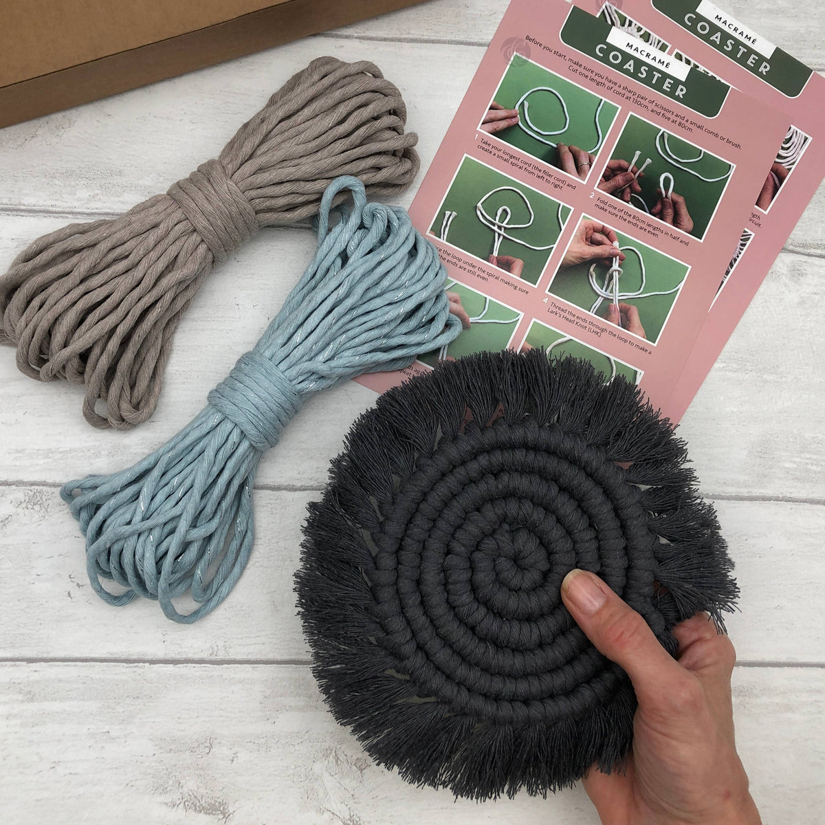 Macrame Coaster Kit in Mist Blue, Pearl and Charcoal