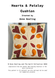 Hearts & Paisley Cushion appliqué sewing pattern by Anne Gosling, showing a quilted cushion with orange paisley motifs and red hearts.